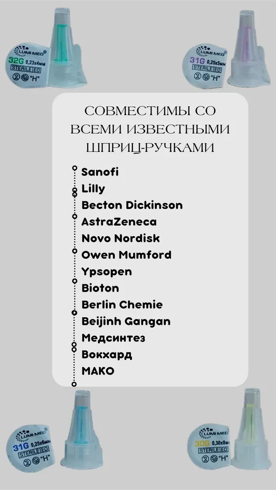 Иглы для инсулиновых шприц-ручек 31G, длина 5мм, 2 упаковки по 100 шт