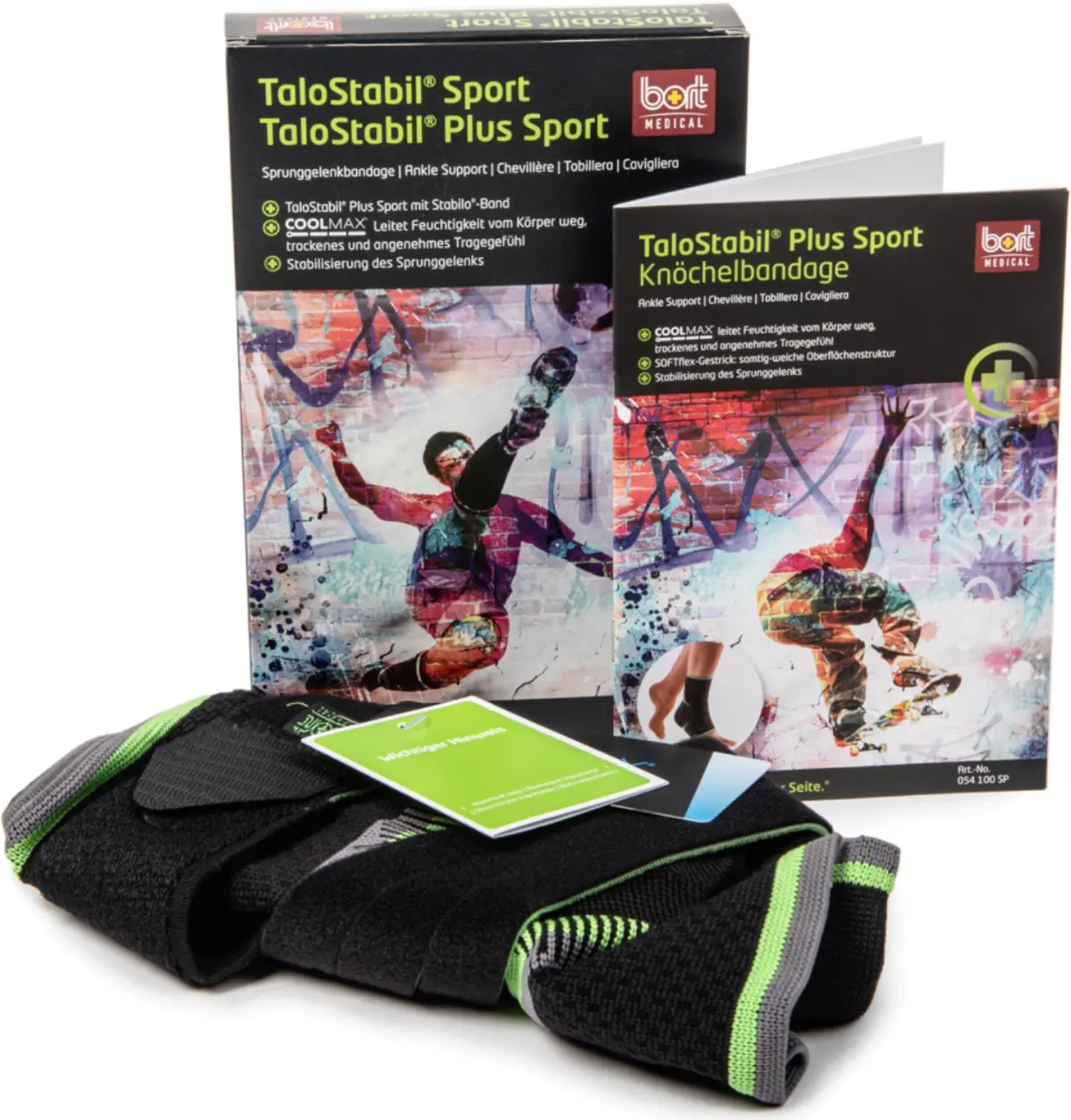 Суппорт для голеностопа Bort Medical TaloStabil® Plus Sport, спортивный, черный/зеленый, с фиксирующими лентами