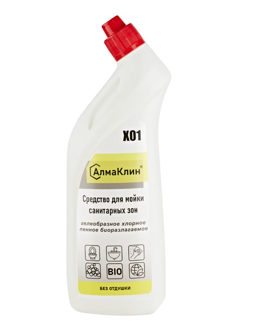 АлмаКлин X01, 0,75л. Щелочное моющее средство для санузлов с активным хлором (Б/О)(со скош. носиком)