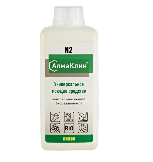 АлмаКлин N2, 1л. Нейтральное универсальное моющее средство (лимон) тв.флакон, крышка